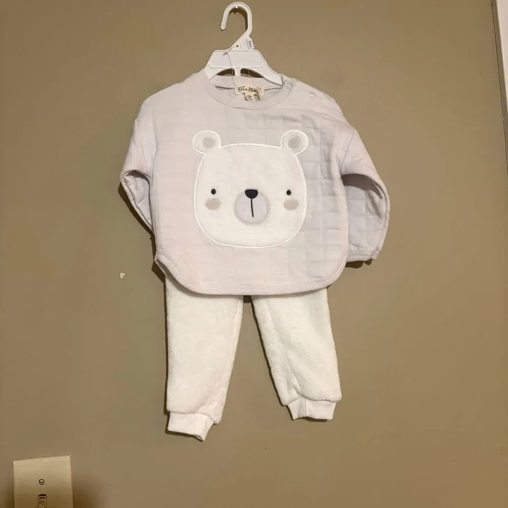 Kit + Pearl Unisex Baby Girl Boy Grey Quilted Polar Bear Top Pant Set NWT 12M